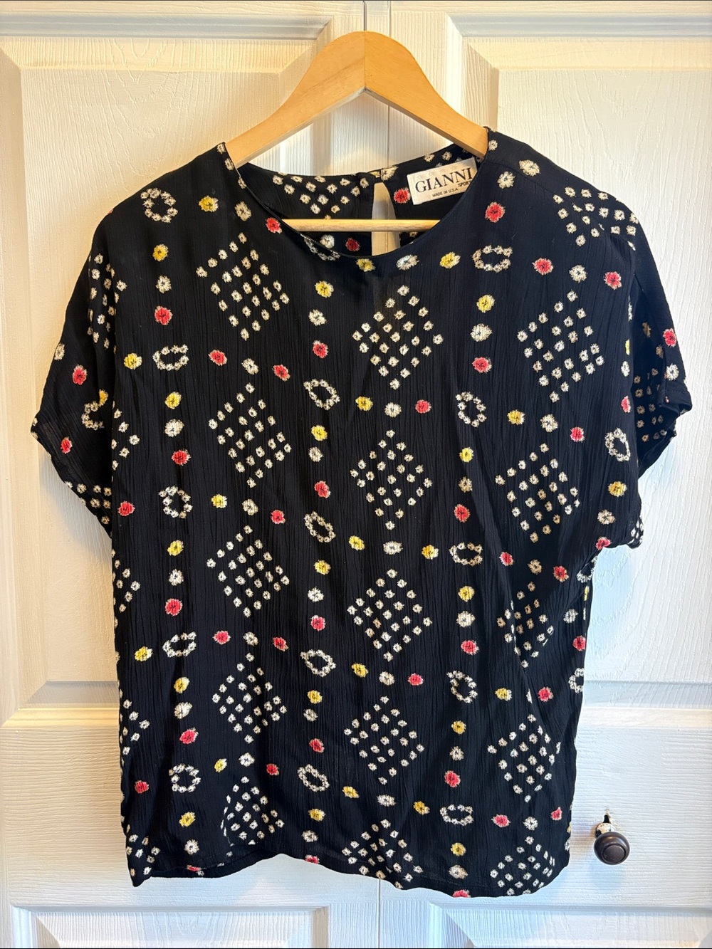 Ganni Black Short Sleeve Top with Red, Yellow and White Floral Dots